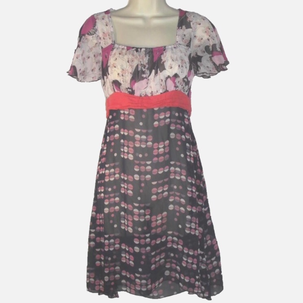 LUX dress sz S Empire Waist Multi Print Sash